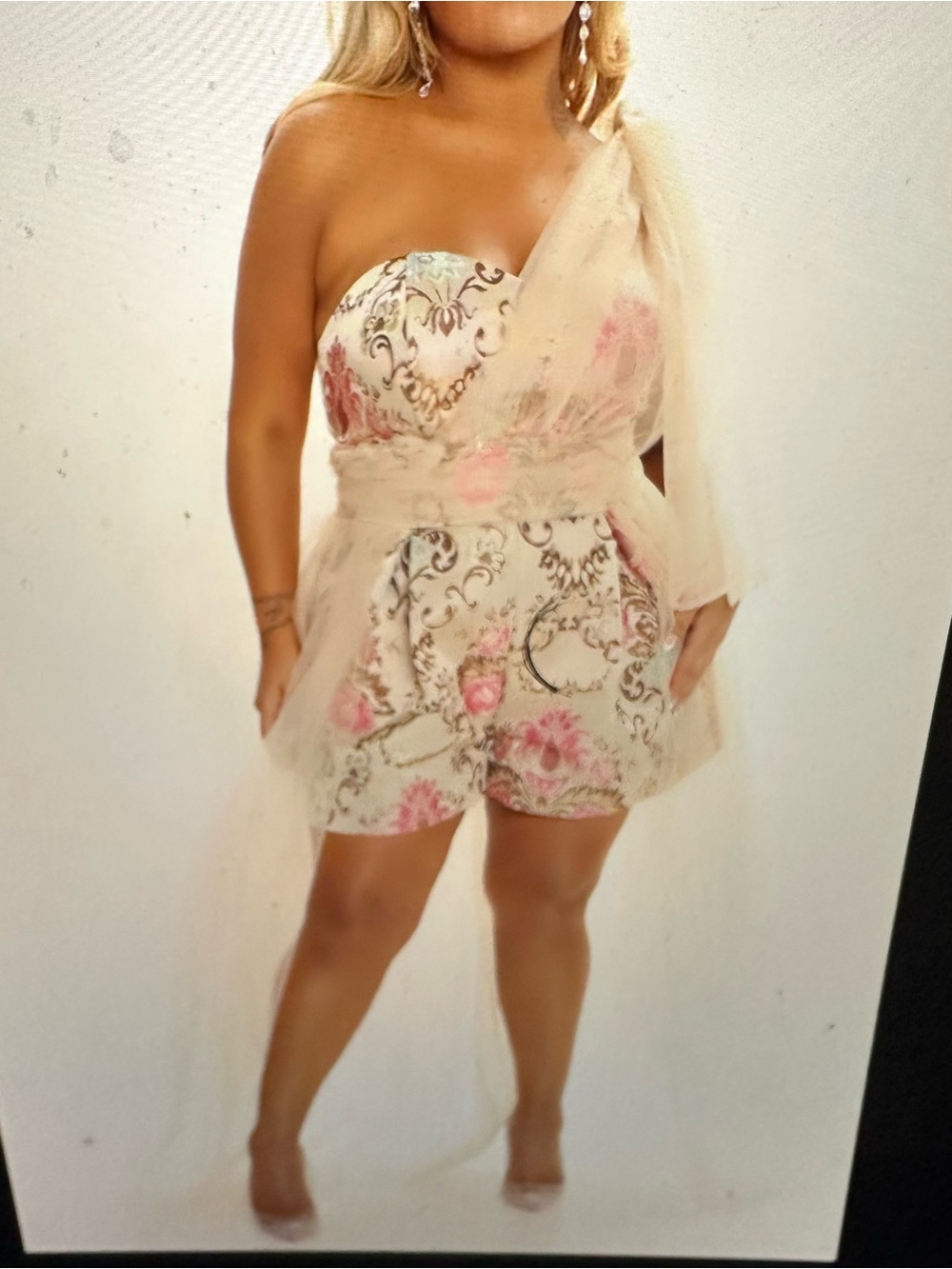 Fashion Nova Strapless Floral romper Tulle   - Pink /Cream